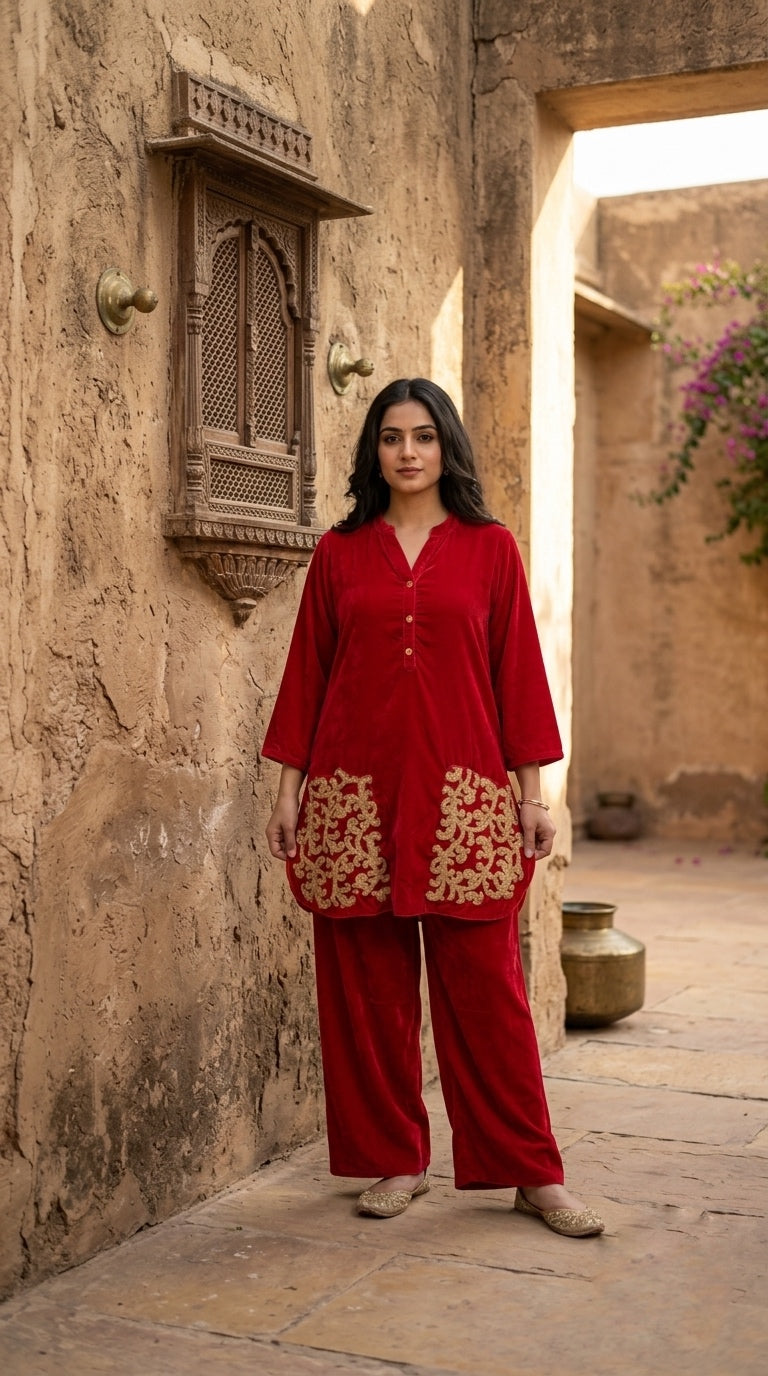 Crimson Gleam Kurti Coord Set