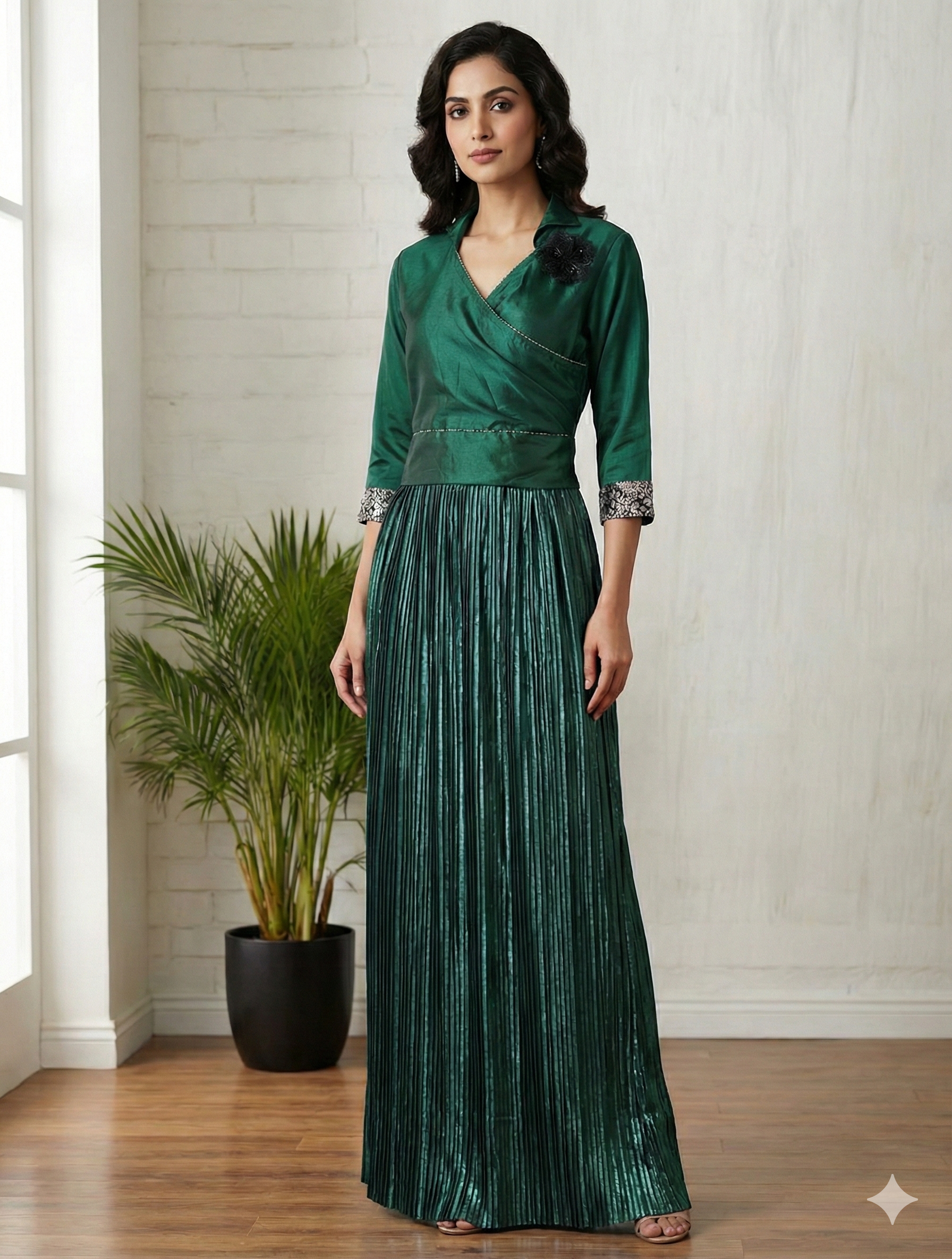 Emerald Embrace Pleated Gown