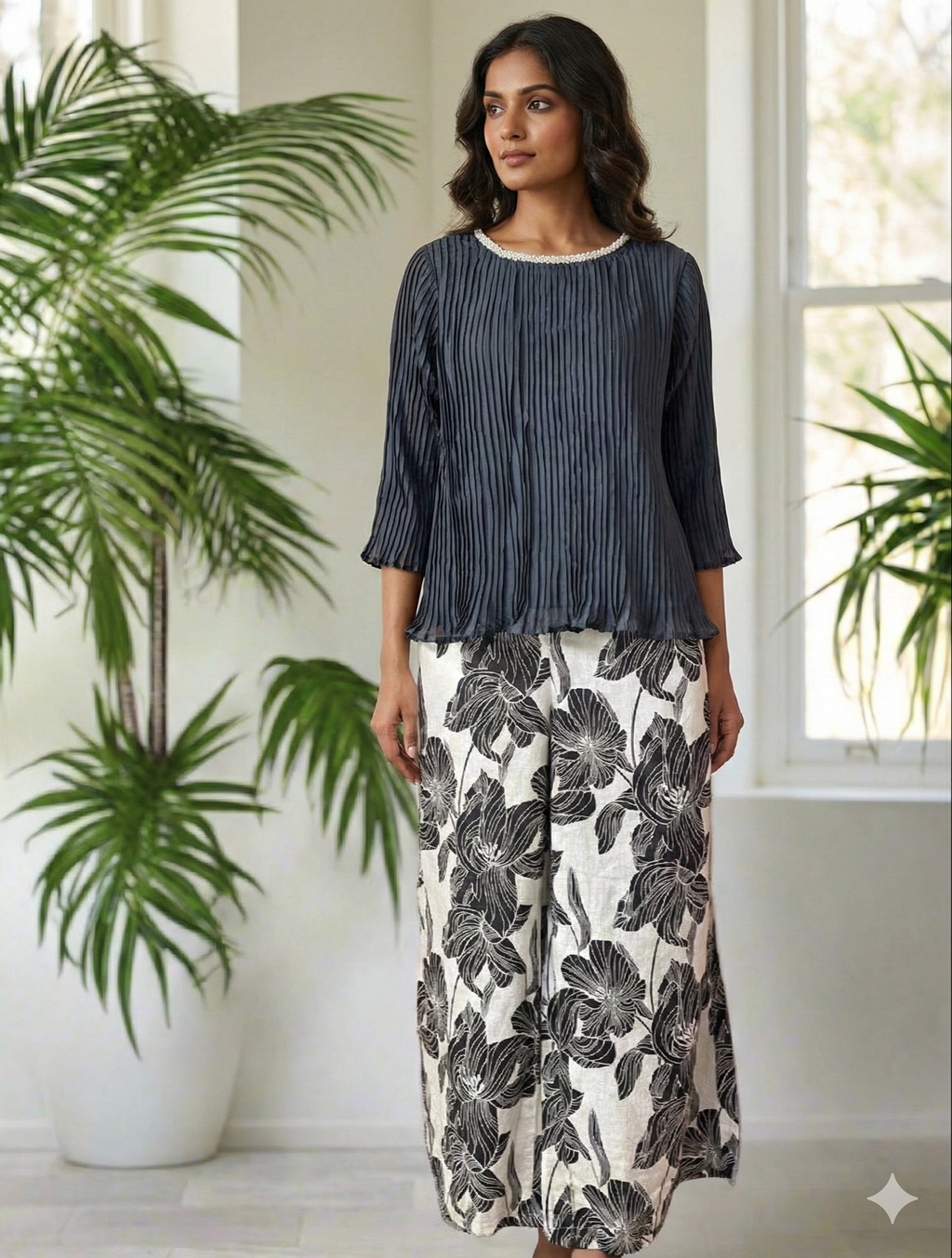 Pearl Mist Pleated Top & Linen pant Set