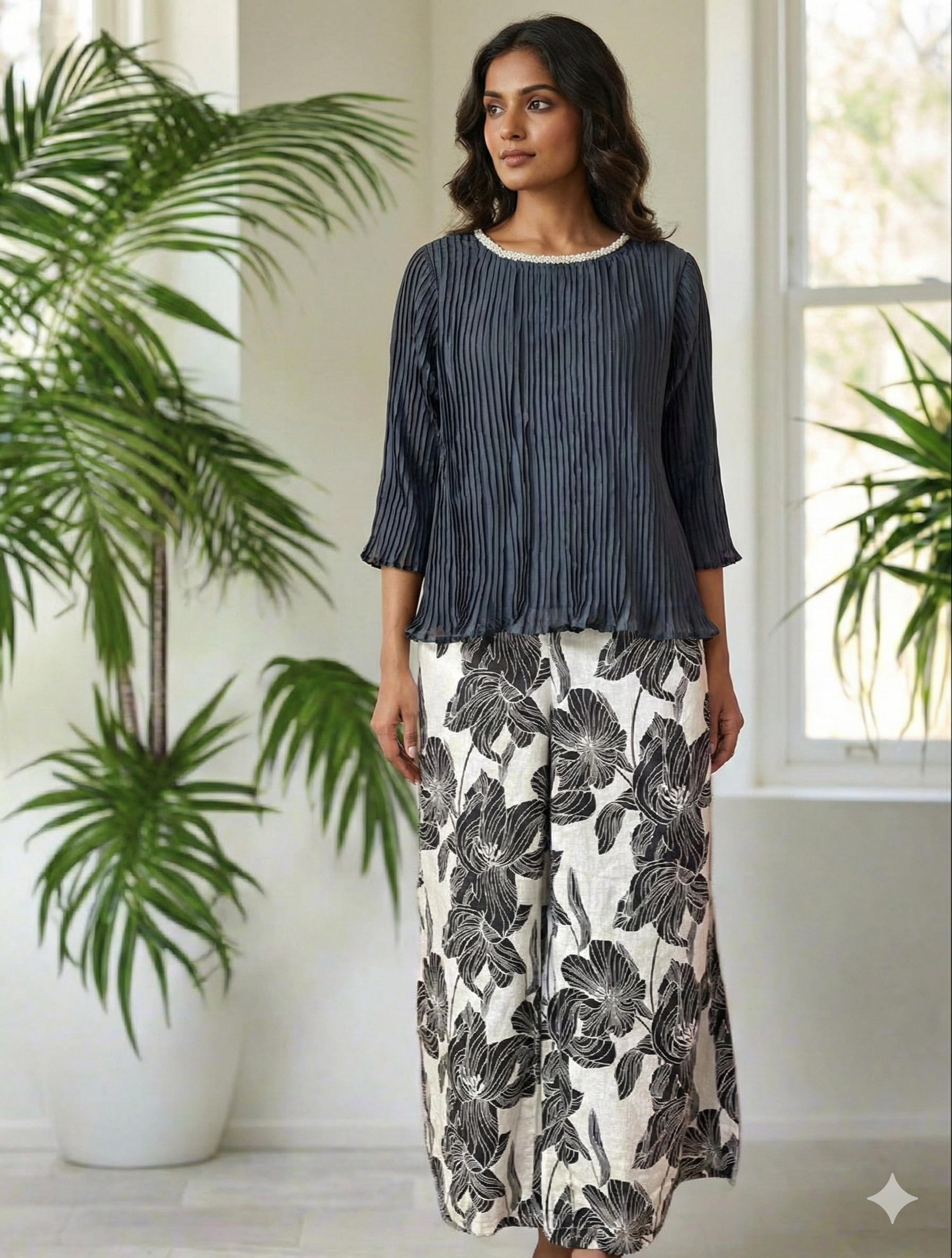 Pearl Mist Pleated Top & Linen pant Set