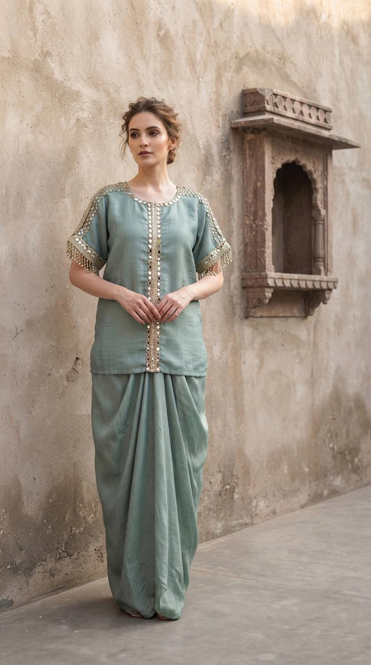 Meher Shimmer Drape Skirt Set