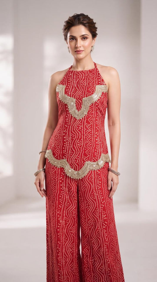 Crimson Bandhani Crepe Coord Set
