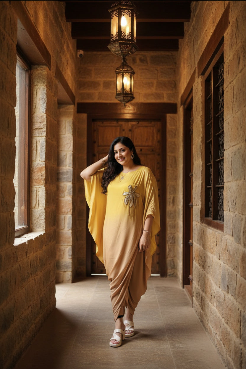 Bronze Sunset Kaftan Cowl Dress