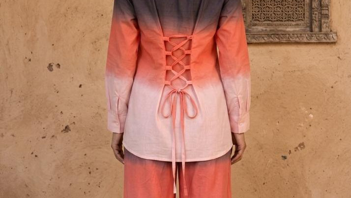 Woman in ombre coord set with corset-tie back detail - Silver Lining