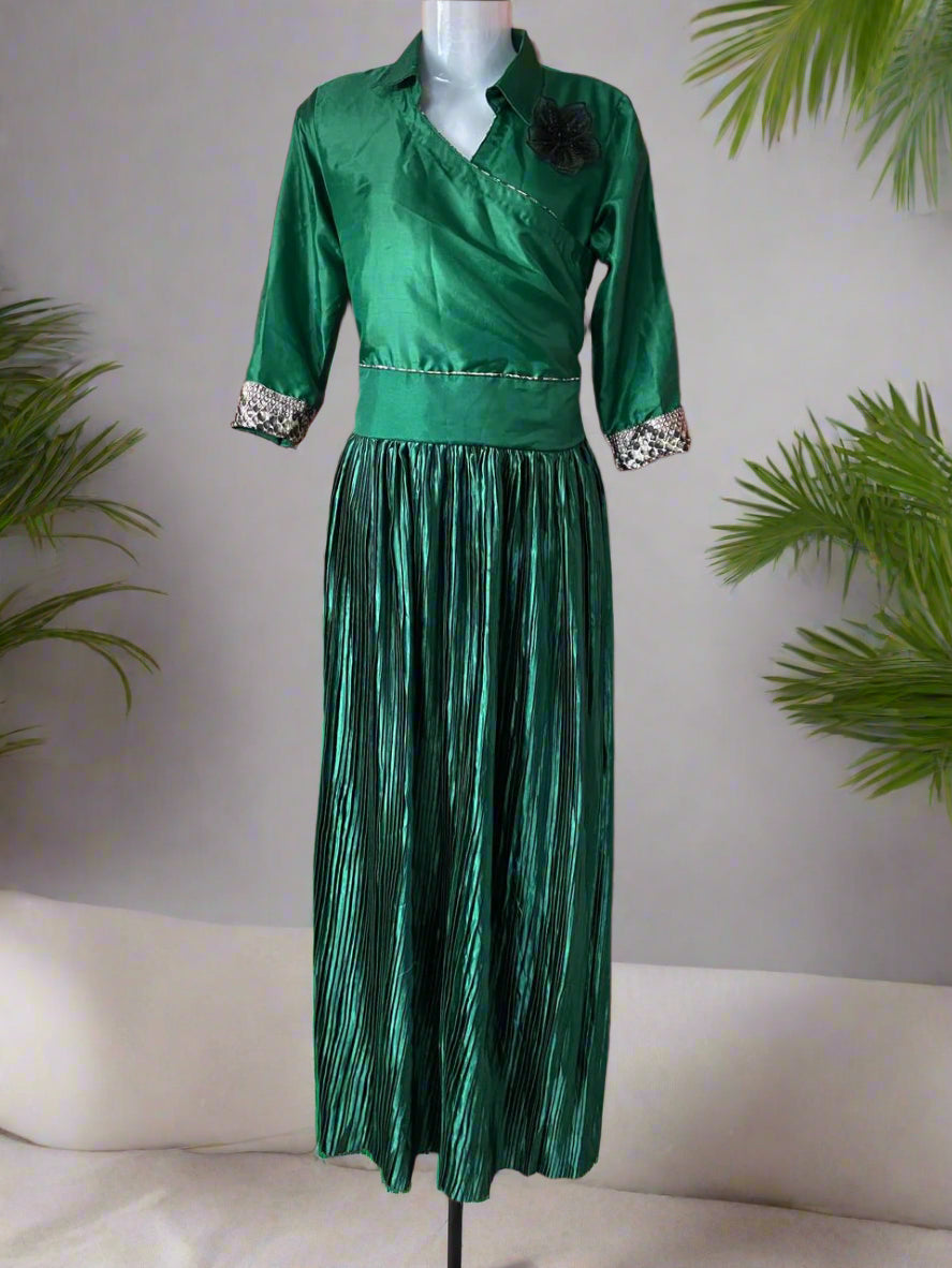 Emerald Embrace Pleated Gown