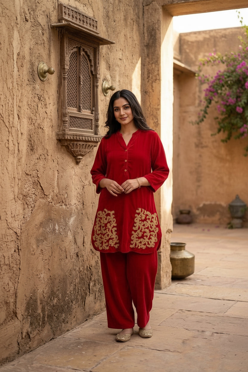Crimson Gleam Kurti Coord Set - Silver Lining