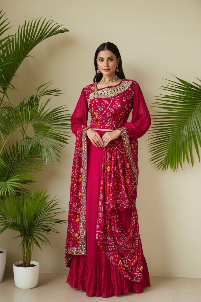 Gulabi bandhej Leher Lehenga Choli Set