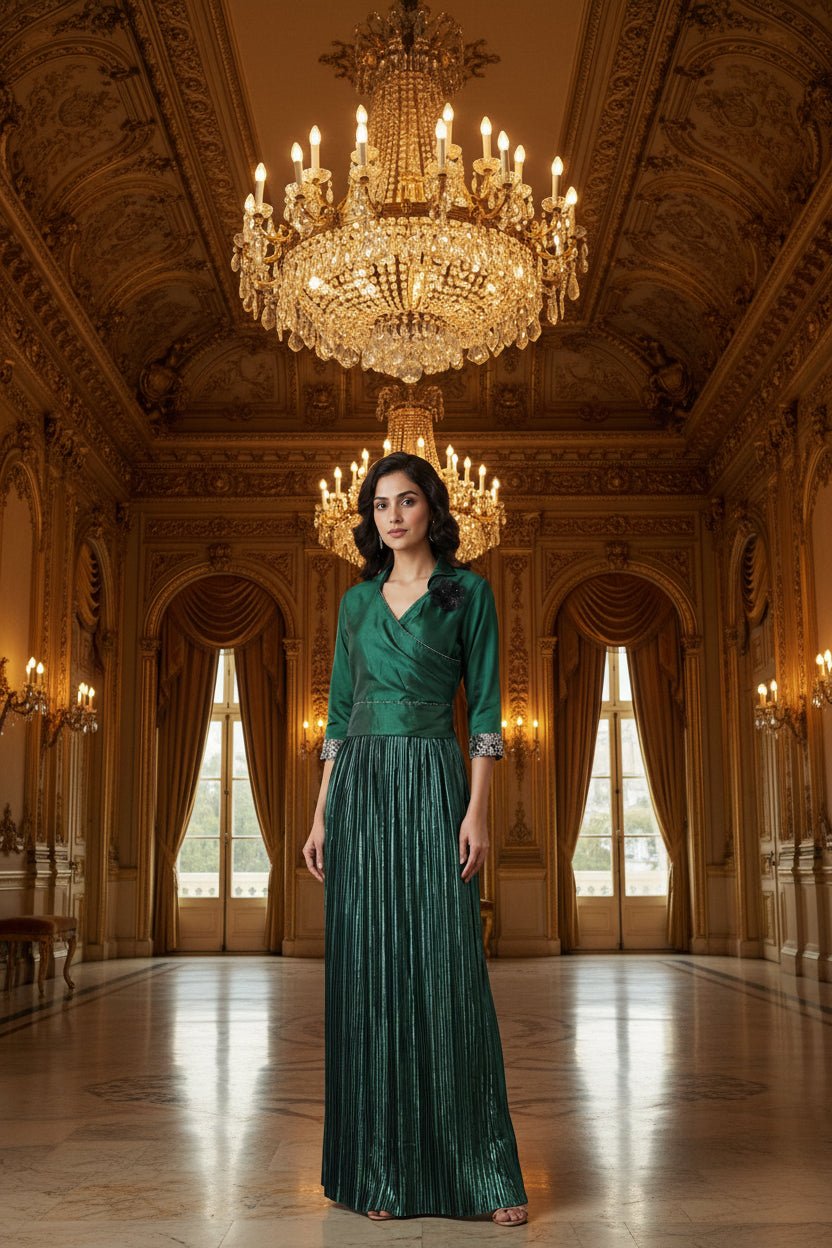 Emerald Embrace Pleated Drape Gown - Silver Lining