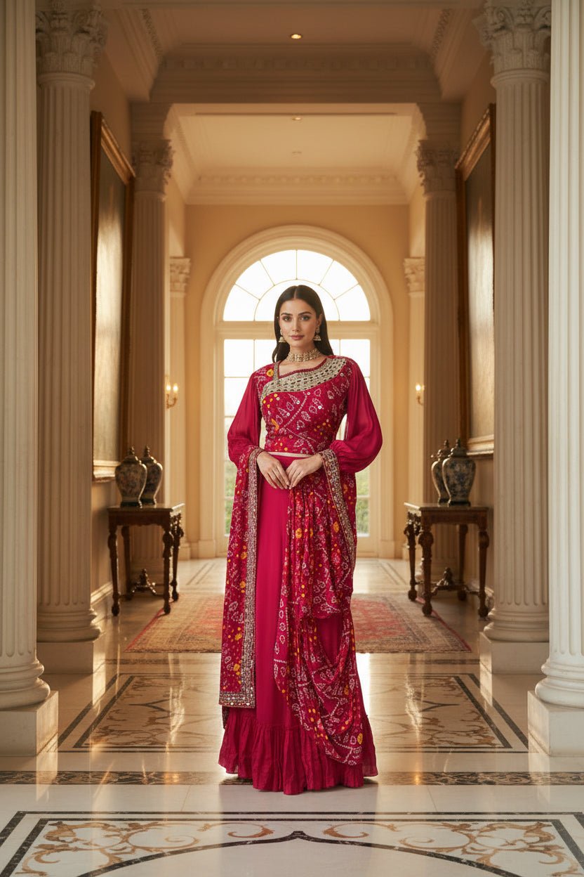 Gulabi bandhej Leher Lehenga Choli Set - Silver Lining