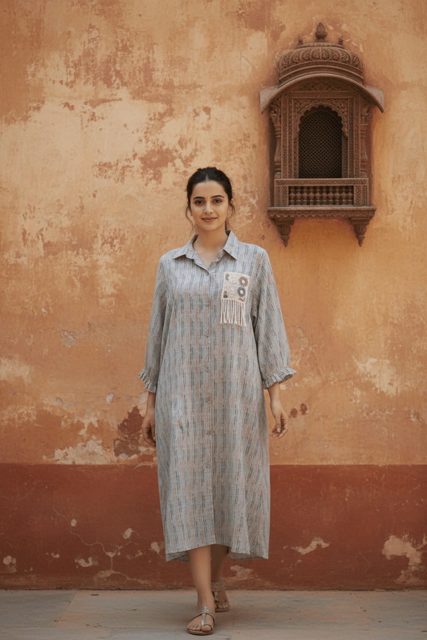 Linen Loom Shirt Dress - Silver Lining