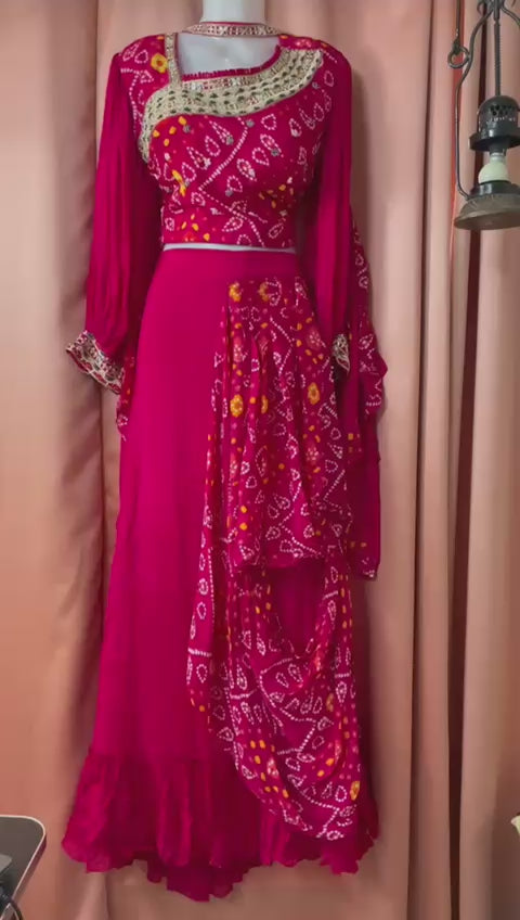 Gulabi bandhej Leher Lehenga Choli Set