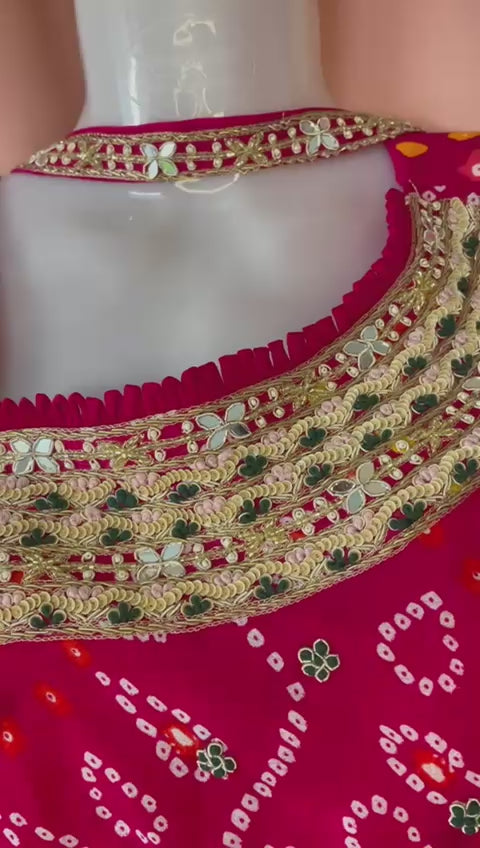 Gulabi bandhej Leher Lehenga Choli Set