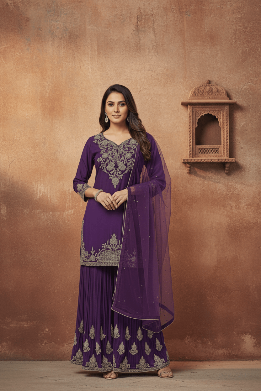 Shahi Sharara Kurti 3 Pc Set - Silver Lining