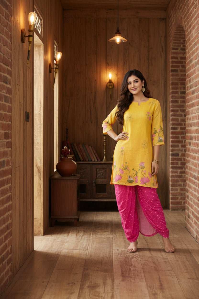 Sunlit Kalamkari Bandhni Kurti Skirt Set - Silver Lining