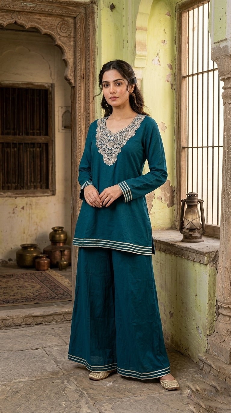 Teal Tide Embellished Kurti Set - Silver Lining